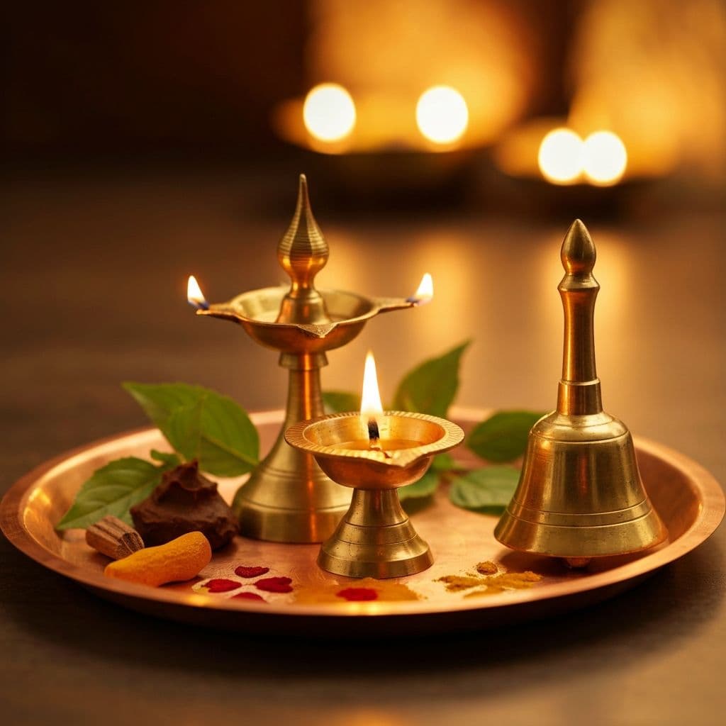 Traditional puja setup with sacred items